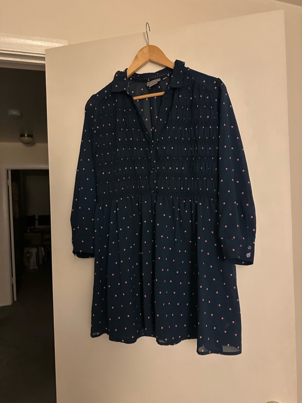 Polka Dot Navy Button-Front Dress with Pink Dots